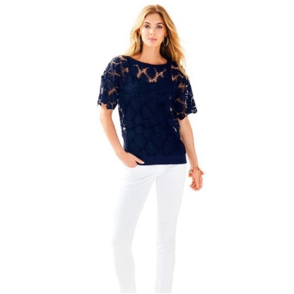 Lilly Pulitzer Tops - Lilly Pulitzer Lace Kay Royal Palm Top blouse navy blue women’s small s
